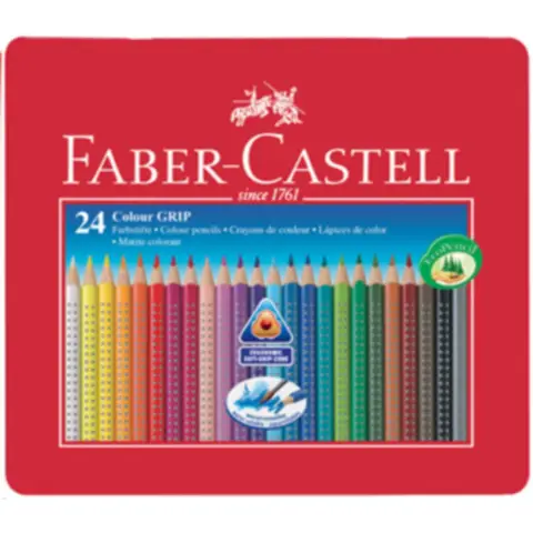 Faber-Castell Colour Grip Non Slip Grip, Assorted Colours, Tin of 24 Ergonomic Triangular Shape