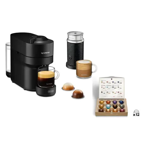 [Summer Deals - £89.99 after coupon with Free Next-Day Delivery] Nespresso X De'Longhi Vertuo Pop Pod Coffee Machine, Aeroccino Hot & Cold Milk Frother and 12 Capsules Bundle, Over-Ice Coffee Creations Mode [Joybuy Exclusive] - Black