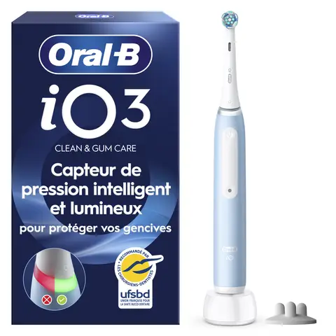 Oral-B iO3 Brosse à Dents Électrique Blue - Protection des gencives avec Capteur de Pression Intelligent et Lumineux, 3 Modes dont "Douceur"
