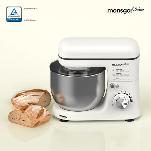 Monsga SM100 Küchenmaschine 1000W, Cremeweiß, 6,0L Edelstahl-Rührschüssel, Leise, mit Super-Antihaft Teflon-Knethaken (hitzebeständig bis 260°C), Schneebesen, Flachrührer & Spritzschutz, 8 Geschwindigkeitsstufen