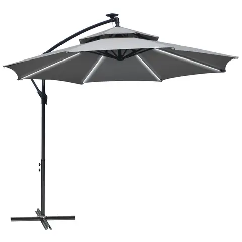 Outsunny 3(m) Cantilever Banana Parasol Umbrella with Double Roof, LED Solar lights, Crank, 8 Sturdy Ribs and Cross Base for Outdoor, Garden, Patio, Light Grey