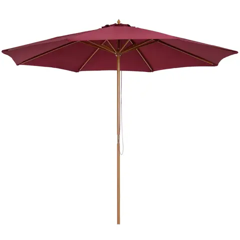 Outsunny 3(m) Garden Parasol, Pulley Operated Patio Umbrella, Wooden Parasol, Table Market Umbrella with Rope Pulley Mechanism and 8 Ribs, Wine Red