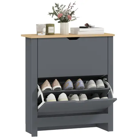HOMCOM Narrow Shoe Cabinet, Space Saving Shoe Storage Cabinet with 2 Flip Drawers and Adjustable Shelves Charcoal Grey