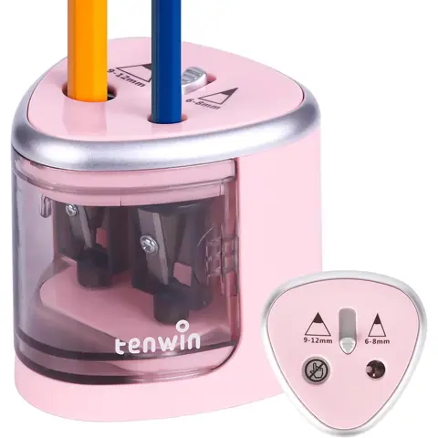 Tenwin Electric Pencil Sharpener, Double Hole Battery Operated, for 6-12mm No.2/Colored Pencils, Pink