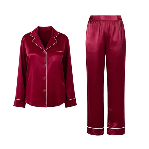 IZURIA lapel silk-like wine red long sleeved top and pants set  S