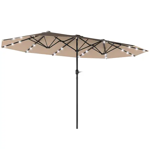 Outsunny 4.4m Double-Sided Sun Umbrella Garden Parasol Patio Sun Shade Outdoor with LED Solar Light, NO BASE INCLUDED, Khaki