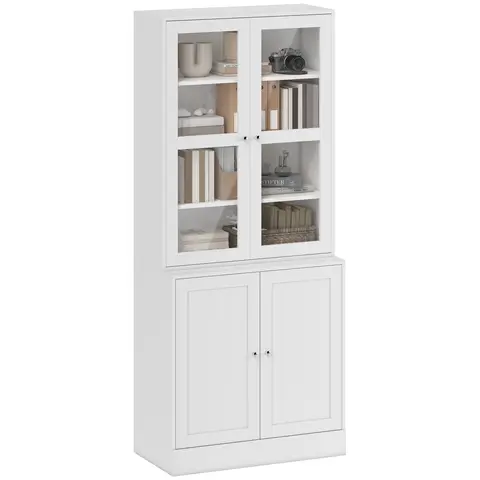 HOMCOM Modern Bookcase with Glass Doors, Display Storage Cabinet with Adjustable Shelves White