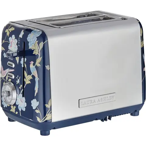 VQ Laura Ashley Retro 2 Slice Toaster, Warming Rack, Wide Slots, Hand-Applied Elveden Navy Print, Vintage, Stainless Steel, Blue Floral - VQSBT582BSUK