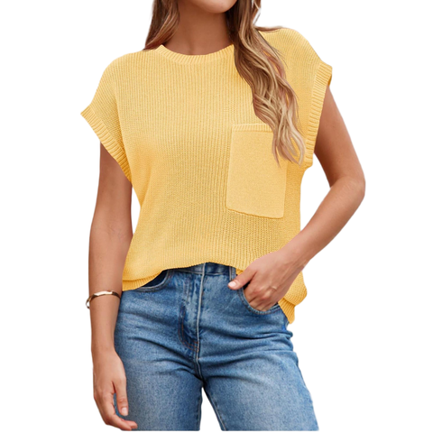 T-shirt en tricot vert militaire style vintage pour femme – Col rond, poche unique, manches courtes ; ample, épaules tombantes, coupe slimming pour l'été Jaune Taille S