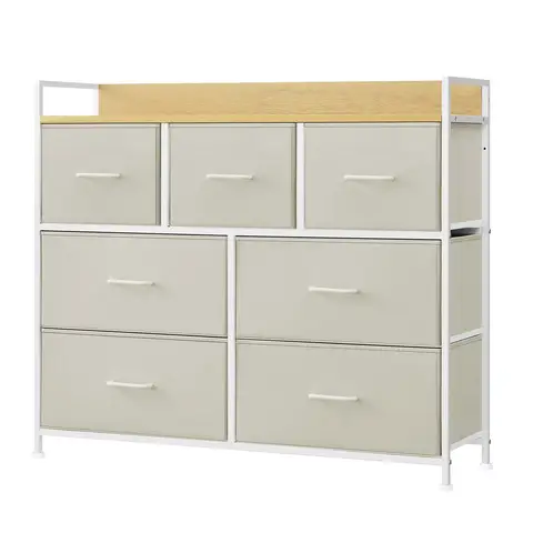Ochama x SONGMICS Chest of Drawers, Dresser, Bedroom Furniture, Metal Frame, 7 Drawers, Modern, White and Beige