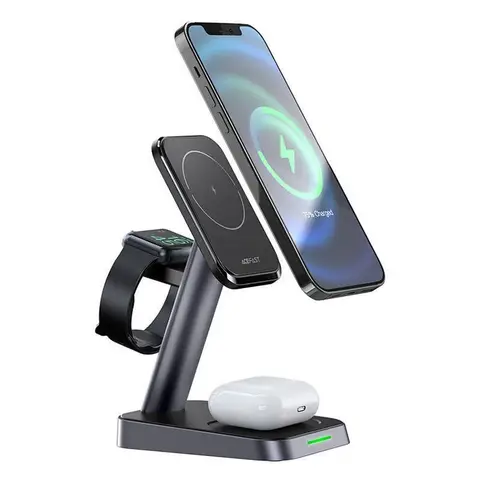Acefast Qi-Drahtloser Ladegerät 15W für iPhone (mit MagSafe), Apple Watch und Apple AirPods Magnetischer Standhalter Schwarz (E3 Schwarz)