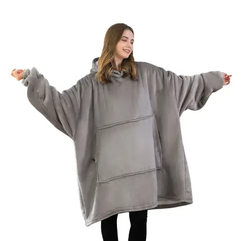 Good Nite übergroßer tragbarer Deckenpullover, weiche Fleece-Decke mit Kapuze und Taschen, gemütliches Kuschelgeschenk für Geburtstag und Weihnachten Grau 90 x 130 cm | Decken & Plaids
