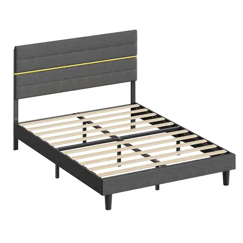 JOYFURNOS Bettgestell, Doppelbett, geeignet für eine 140 x 200 cm Matratze, verstellbares gepolstertes Kopfteil, Metall, Massivholz, modern, Grau
