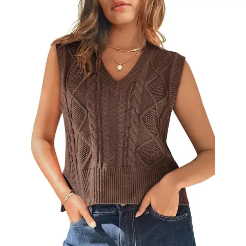 Sweater Vest for Women V Neck Sleeveless Knit Solid Casual Ribbed Preppy Pullover Tops (coffee, L)