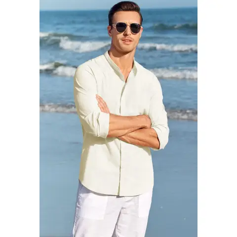 Men's Long Sleeve Shirt Linen Regular Fit (beige, XL)