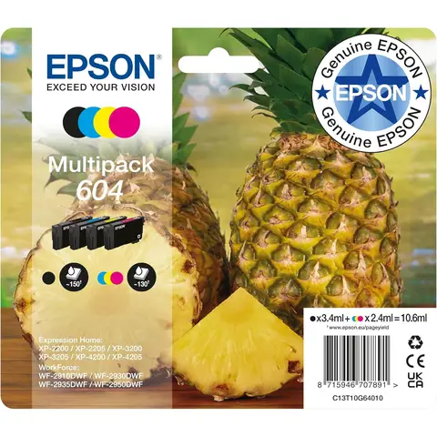 Epson 604 Tinte Ananas Multipack, 4-farbig Standard, XP-2200 XP-2205 XP-3200 XP-4205 WF-2910DWF WF-2930DWF WF-2950DWF, ReadyPrint Flex-Tintentarife, Original