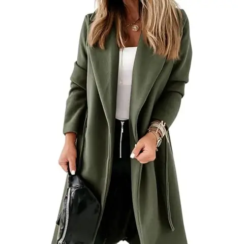 Women's Classic Coat Lapel Collar Open Front Belted Long Jacket (militarygreen, S)