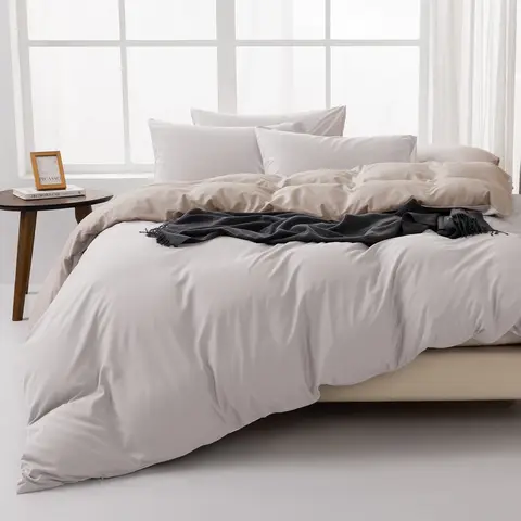 MENDALE Duvet Cover Set - Premium Bedding Set - 240*220 cm Duvet Cover with 65*65 cm Pillow Case - Soft Brushed Microfiber- Off-white & Khaki