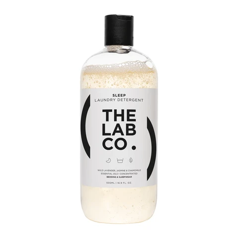 The Lab Co. Sleep Wash 500ml. Fragranced with wild lavender and chamomile. Plant Based and Non-Bio. Concentrated for up to 32 Washes. For bedding and sleepwear.