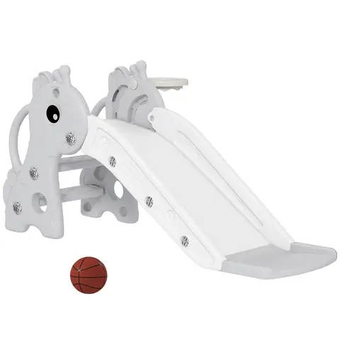 AIYAPLAY 3 in 1 Kids Slide, Giraffe Shape Toddler Slide with Climber, Basketball Hoop and Ball, Indoor Playground Equipment for Age 1-3, Grey