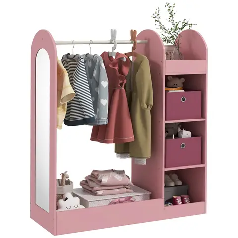 AIYAPLAY Kids Clothes Rail, Children Dress Up Storage with Storage Shelf, Boxes, Mirror, Kids Wardrobe for Bedroom Pink