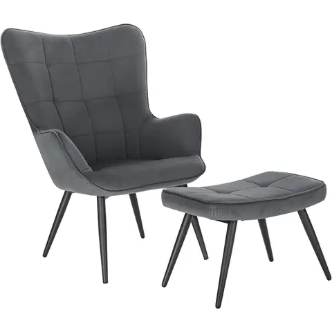 WOLTU Ohrensessel mit Hocker, Relaxsessel mit Polster, Vintage, Wohnzimmer, Schlafzimmer, Balkon, Cordsamt, Dunkelgrau
