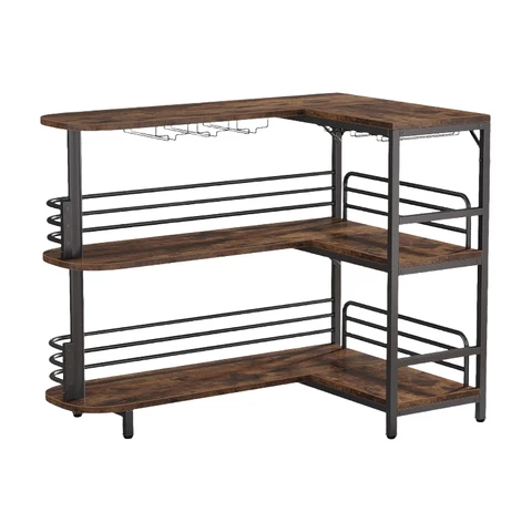 Tribesigns L-förmiger Bartisch, 3-stufiger Bistro-Tisch mit Regal, Weinregal und Glashalter, industrieller Eck-Küchentisch für Wohnzimmer, Küche, im Industrie-Design, rustikal Braun