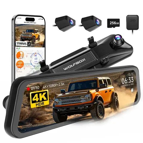 WOLFBOX G900 Tripro Bumper Version 3 Channel 4K Rear View Mirror dash Camera, STARVIS 2 IMX678, Voice Control, includes 256G Card