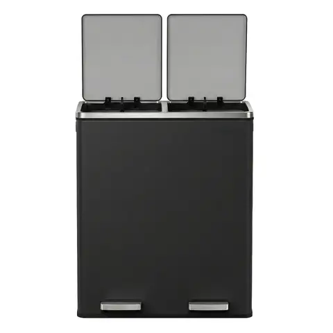 SONGMICSHOME Recycling Trash Can, 2-Compartment Pedal Bin with Soft Close Lids, for Kitchen, Removable Inner Buckets, Black