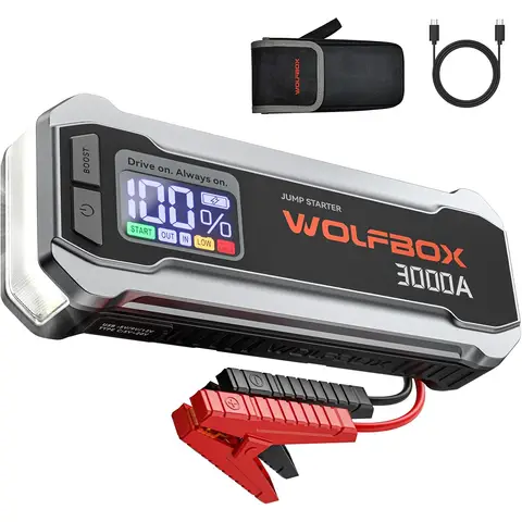 WOLFBOX 3000A Jump Starter,12V Car Battery Jump Starter with 65W Quick Charger,LED Display,59.2Wh Portable Jump Starter Battery Pack(8L Gas 6L Diesel Engine) with Booster,LED Light,Jumper Cables