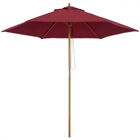 Outsunny 2.5m Wood Garden Parasol Sun Shade Patio Outdoor Wooden Umbrella Canopy, Table Market Umbrella with Vent, 38mm Pole, Rope Pulley Mechanism, Wine Red
