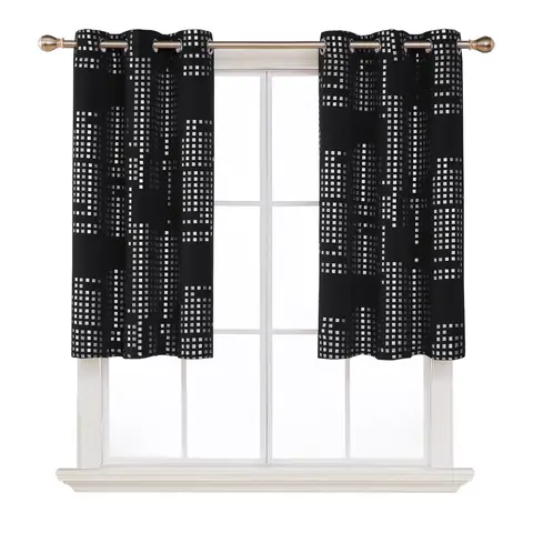 Deconovo Blackout Silver Foil Print Small Check 6 White Grommet No Tie Curtain, 2Pcs W97xL214 Black