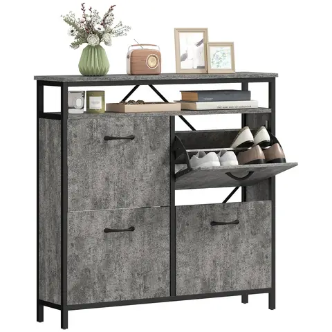 HOMCOM Narrow Shoe Cabinet with 4 Flip Drawers, Slim Shoe Storage Cabinet with Adjustable Shelves and Open Shelf Cement Grey