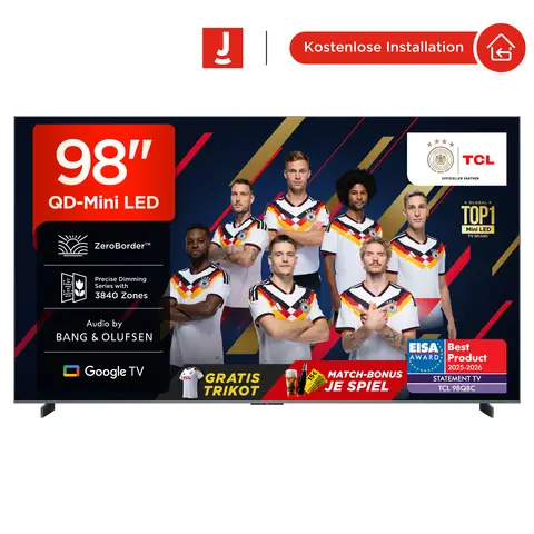 TCL 98Q8C 98 Zoll QD-Mini LED Fernseher, 4K HDR Premium 5000, ZeroBorder, Smart Google TV CrystGlow WHVA-Panel, Audio von Bang und Olufsen, 144Hz Motion Clarity Pro, Dolby Vision IQ und Atmos