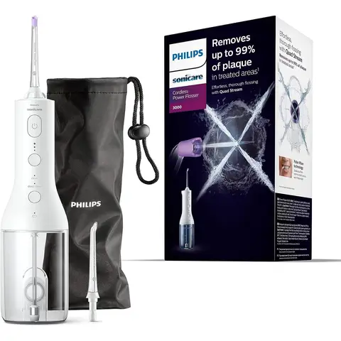 Philips Sonicare kabelloser Power Flosser 3000 Munddusche; Wasserflosser für Zähne, Zahnfleisch und Mundpflege, Weiß (Modell HX3826/31)
