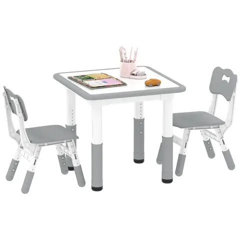 AIYAPLAY Kids Table and Chair Set, 3 Pcs Height Adjustable Activity Table Set with 2 Chairs, Easy to Wipe Arts & Crafts Desk, for Classrooms, Daycares, Homes - Grey