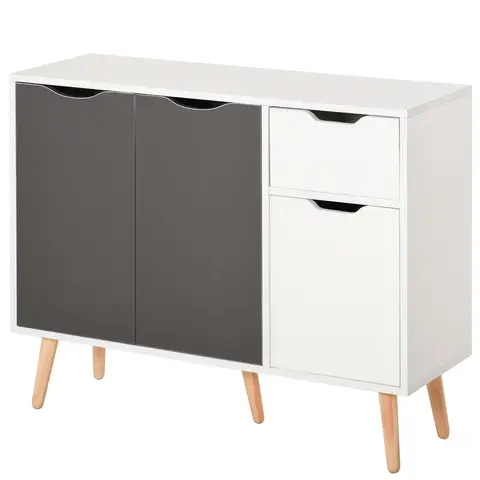 HOMCOM Sideboard Floor Standing Storage Cabinet with Drawer and Solid Wood Legs Grey