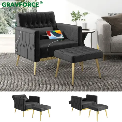 GRAVFORCE  Velvet Modern Accent Chair and Ottoman Set with 2 USB Ports, Pink Comfy Reading Chair Bedroom Living Room Chairs, Recliner Lounge Chair, Adjustable Backrest and Pillow, Pink (Pink)