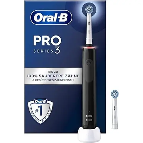 Oral-B PRO 3 Serie 3 Elektrozahnbürste, 2 Ersatz-Zahnbürstenköpfe für empfindliche Zähne, 3 Reinigungsmodi und visuelle 360° Druckkontrolle für die Zahnpflege, Geschenk für Männer/Frauen, Schwarz, 1er Pack
