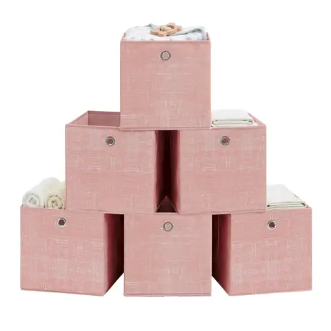SONGMICSHOME Cube Organisers, Foldable Fabric Storage Boxes with Handles, Set of 6, for Shelves, Clothes, Pink