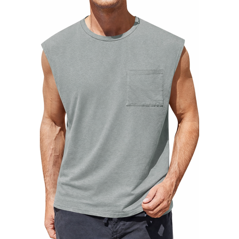 Men's Sleeveless Tank Tops Workout Cut Off Shirts MUSCLE Gym T Shirts with Pocket (lightgrey， M)
