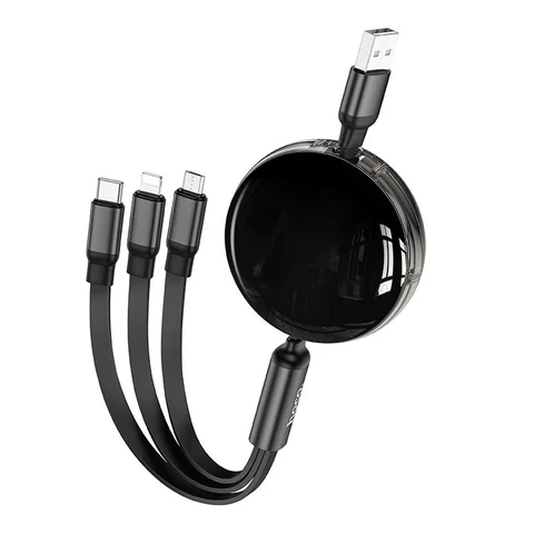 HOCO 3-in-1 Retractable Charging Cable - USB-A to Lightning/ USB-C/ Micro-USB - 1M - Black