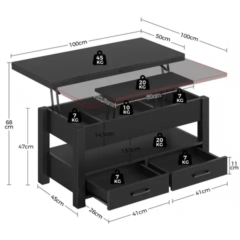 Rolanstar Mesa Centro Elevable, Mesa Salon con Cajón y Compartimento Oculto, Mesas Elevables Modernas Convertible en Comedor, 100 X 50 cm, Negro
