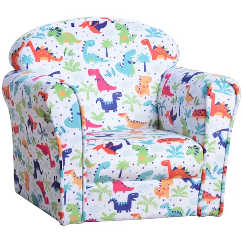 HOMCOM Children's Armchair Flannel Kids Sofa Tub Chair Cartoon Dinosaur Pattern Wooden Frame Bedroom Playroom Seater Multicol