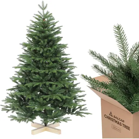 SALCAR Sapin de Noël Artificiel Nordmann de 120 cm avec Support en Bois, éléments moulés par Injection réalistes en polyéthylène et PVC, 1,2 m (diamètre 86 cm)