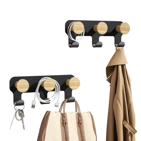 Kapanou Porte-manteau mural à 6 crochets, lot de 2, brun vintage, en bois d'hévéa, avec tringle en métal noir robuste, pour vêtements, serviettes ou chapeaux, crochets décoratifs pour salle de bain, chambre et entrée, promotion de Nouvel An, idée cadeau top