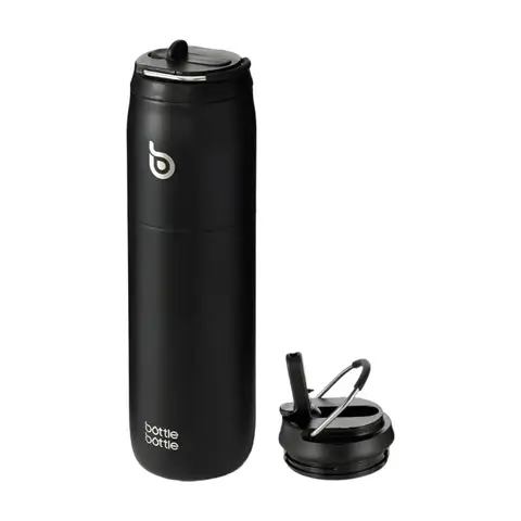 Bottle Bottle Insulated Water Bottle 1L with Straw and Lid for Sports and Gym Stainless Steel Metal Drink Thermos Flask for Hot Water with Handle (Black)