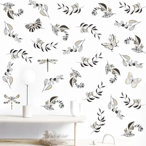 Butterfly Leaf Minimalist Wall Stickers, Self-Adhesive, Glass Door Wall Decoration, Bedroom Wall Stickers