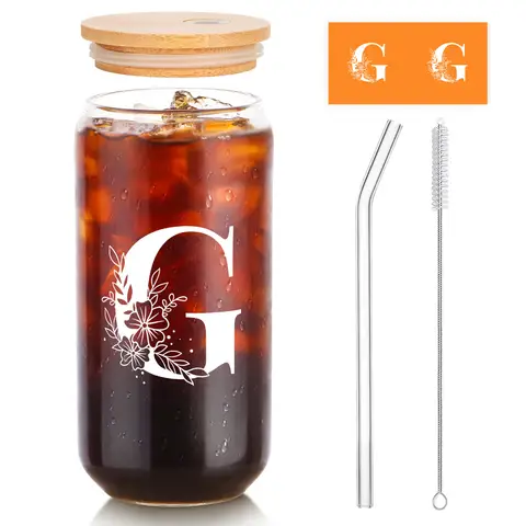 Alphynix 1pc Modern Glass Cup, 500ml Tall Iced Coffee Glass with Monogram "G" Design, Bamboo Lid & Straw, Cold Drink Tumbler for Iced Tea, Juice, Boba