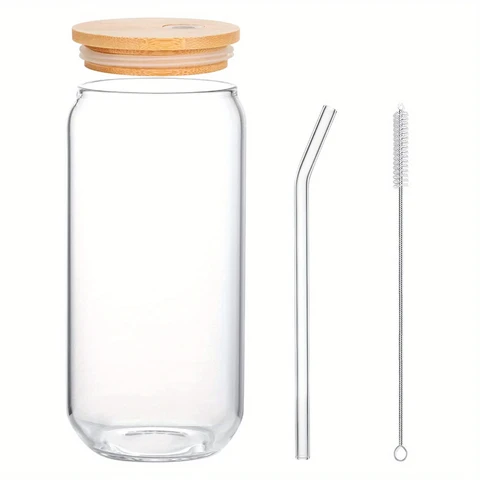 Alphynix Minimalistischer Glasbecher, 500 ml, klar, unbedruckt, 1 Stück, inkl. Holzdeckel, Glasstiel und Silikonfritte, für kalte Getränke, modernes Haustaugliches Trinkgeschirr